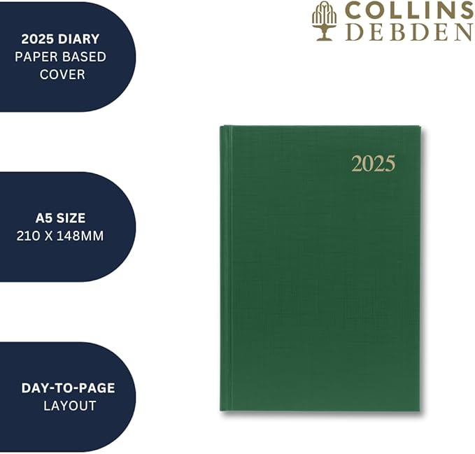 Collins Essential 2025 Business Diary - A5 Day to a Page Planner with Leathergrain Hardback Cover - Purple - ESSA51.55-25
