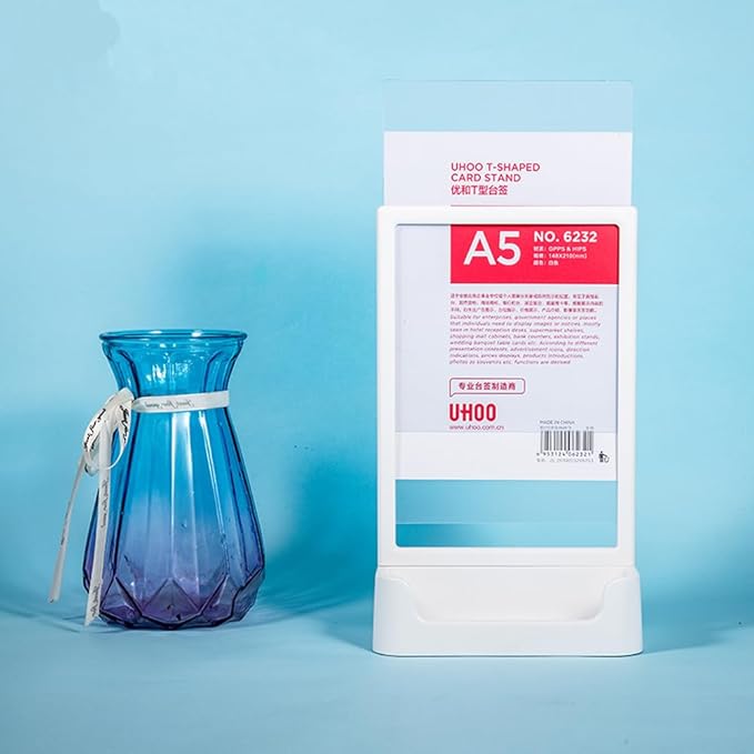 ABS Plastic Sign Holder, Menu Displays T Shape Sign Stand with Business Card Holder, Plastic Display Stand for Ads, Menu, Photos, Business Card (Black A5 148×210mm/5.83×8.27 inches)