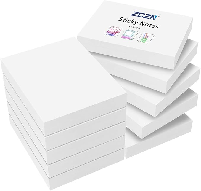 ZCZN Small Sticky Notes, 1.5in x 2in, 100 Sheets/Pad, 10 Pads/Pack, White