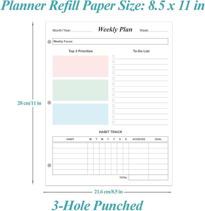 3-Hole Weekly Planner Refills - 53 Sheets/106 Pages Colorful Weekly Planner for 3 Ring Binders, 100 gsm White Paper, 8.5'' x 11''