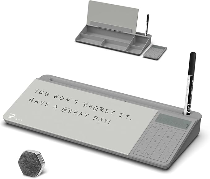 TOWON Desktop Glass Whiteboard with Basic Calculator, 12 Digit LCD Display, Desk Organizers with Accessories for Office, Home, School Supplies, Storage with Dry Erase Board Surface, Gray, 18'' x 6''