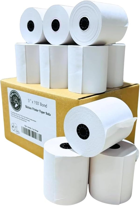 3" x 150' 1-Ply Bond Receipt Paper Rolls - For Kitchen Printers-TMU200 SRP275 Star SP700 - Darker & Clearer Prints - Efficiently for Kitchen Tickets & Order Receipts (12 Rolls)