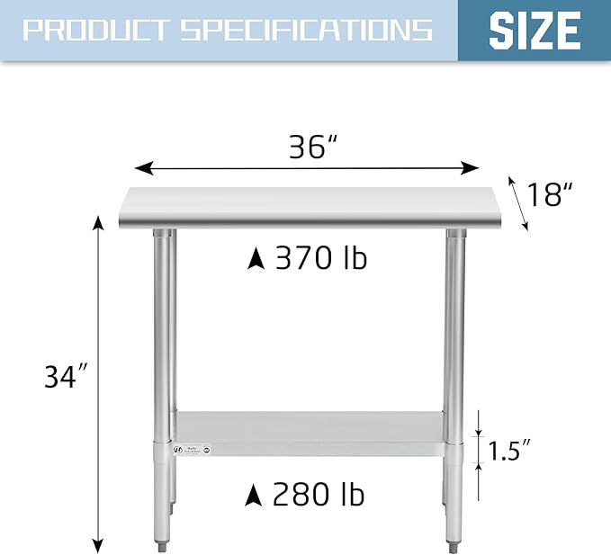 Hally Stainless Steel Table for Prep & Work 18 x 36 Inches, NSF Commercial Heavy Duty Table with Undershelf and Galvanized Legs for Restaurant, Home and Hotel