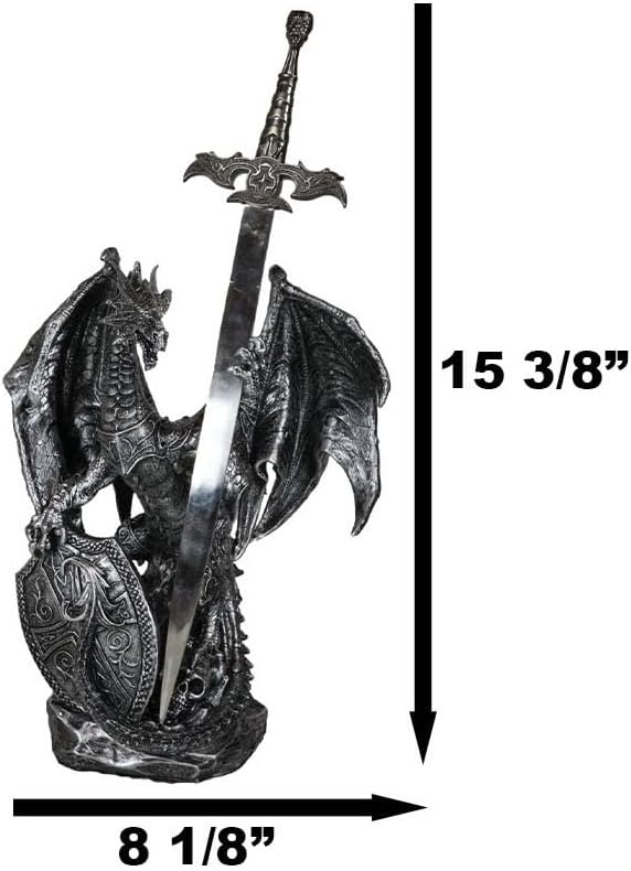 Ebros Gift Legendary Silver Coat of Arms Knight Dragon Holding Heraldry Plague Shield and Druid Sword Letter Opener Figurine Home and Office Decorative Sculpture Medieval Dungeons and Dragons Fantasy