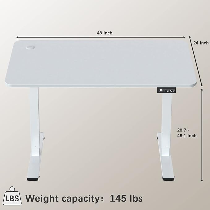 Furmax Electric Height Adjustable Standing Desk Large 48 x 24 Inches Sit Stand up Desk Home Office Computer Desk Memory Preset with T-Shaped Metal Bracket, White