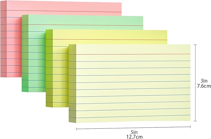 200 PCS Colored Index Cards 3x5, Ruled Index Cards, Flash Cards for Studying, Heavy Note Cards for Office, Home and School，Light Red/Green/Yellow/Beige 4 Colors, 50 PCS of Each Color