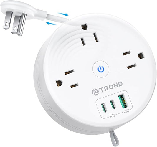 TROND 20W USB C Travel Power Strip - Retractable Extension Cord 5ft Ultra Thin Flat Plug, Power Strip with 3 AC Outlets and USB C Fast Charging, Cruise Ship Essentials, for Home Hotel Dorm Room, White