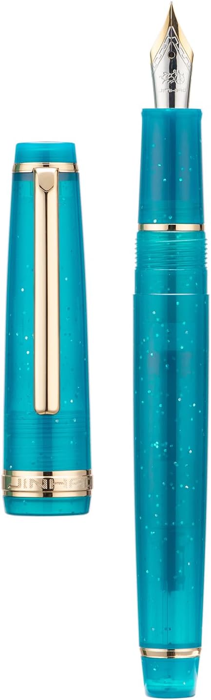 Jinhao 82 Acrylic Fountain Pen, Iridium Medium Nib with Ink Converter, Transparent Peacock Blue Fluorescent Classic Design Smooth Writing Pen (Gold Trim)