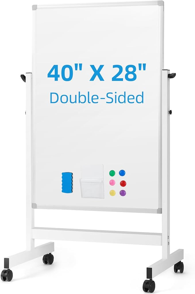 Rolling Mobile Whiteboard, 40 x 28 inches Double Sided Magnetic Whiteboard Easel on Wheels, Height Adjust Protable Dry Erase Board with Stand for Office, Home, Classroom, White