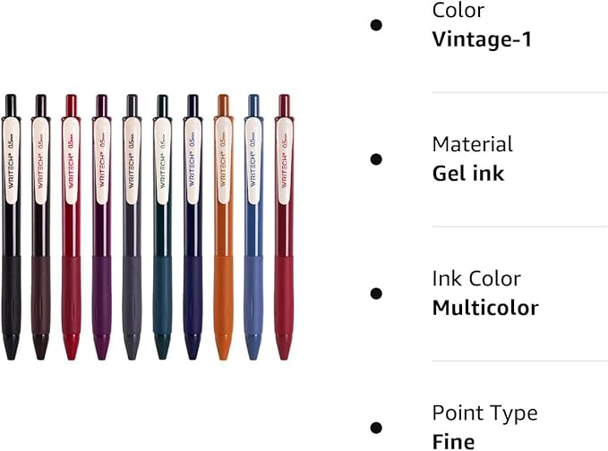 WRITECH Retractable Gel Pens Quick Dry Ink Pens Fine Point 0.5mm 10 Assorted Unique Vintage Colors For Journaling Drawing Doodling and Notetaking (Vintage 1)