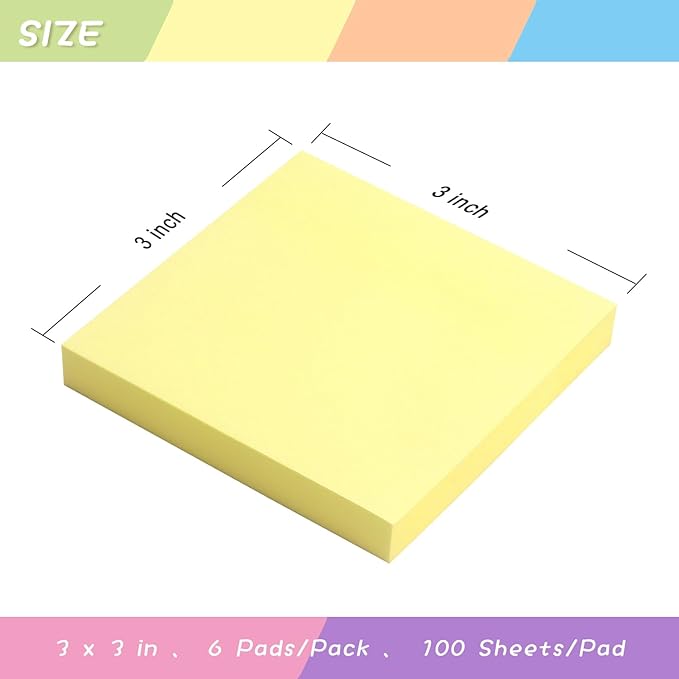 Sticky Notes 3x3 Self-Stick Notes Pads with 6 Bright Colors, Easy to Post for Office, Shool, Home, 6 Pads/Pack, 100 Sheets/Pad (Yellow)