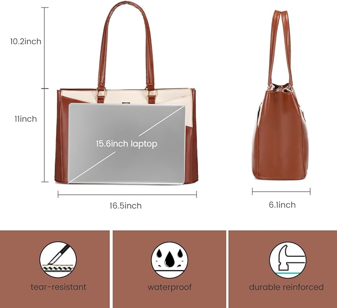 LOVEVOOK Laptop Bag for Women 15.6 Inch Tote Bags Waterproof Leather Briefcase Computer Women Business Office Work Bag,Brown-White