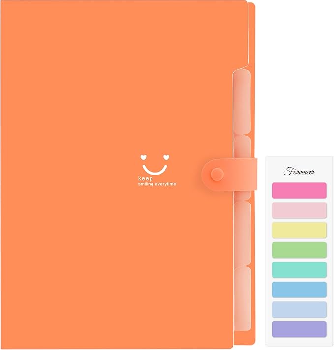Forvencer Accordion File Organizer, Letter Size, 5 Pocket Expanding File Folder, Cute File Folder with Labels, Portable File Organizer for School Office Supplies, Folders for Documents, Orange