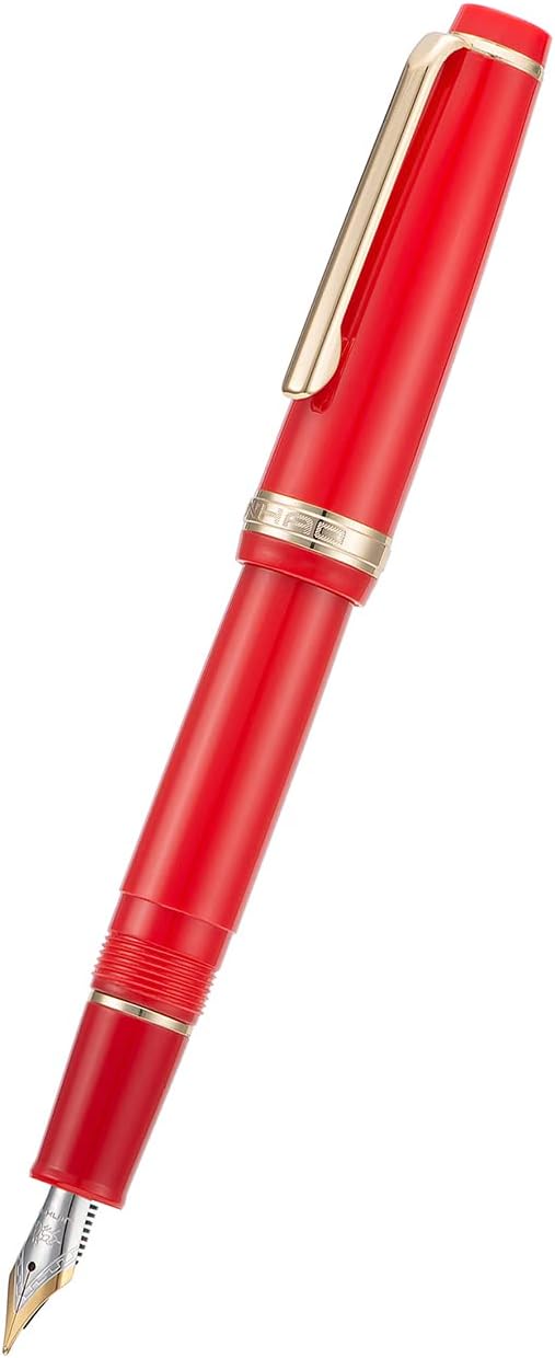 Jinhao 82 Red Acrylic Fountain Pen, Iridium Bent Nib Classic Design Smooth Writing Pen with Ink Converter (Gold Trim)