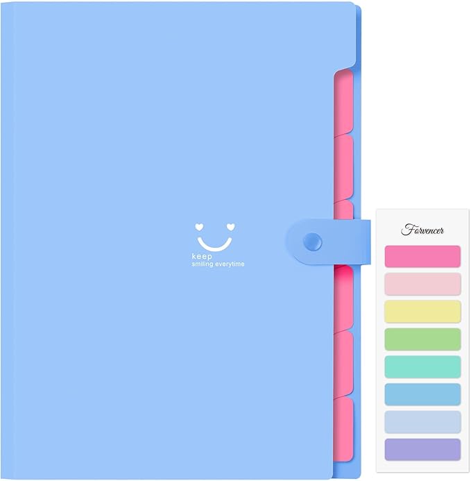 Forvencer Accordion File Organizer, Letter Size, 7 Pocket Expanding File Folder, Cute File Folder with Labels, Portable File Organizer for School Office Supplies, Folders for Documents, Blue
