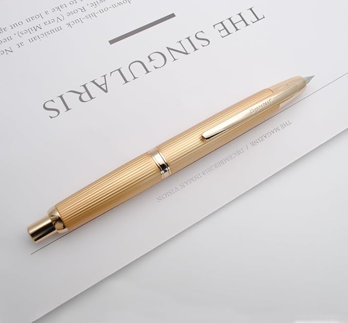 JINHAO 10 Press Fountain Pen, Retractable Metal Pen with Ink Converter (EF Nib 0.38mm, Striated Golden)