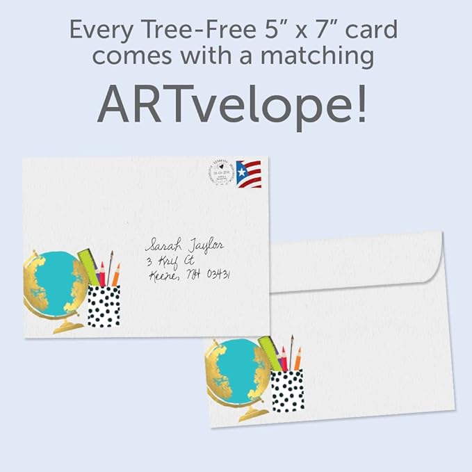 Tree-Free Greetings Teacher Appreciation Cards - Artful Designs - 2 Cards + Matching Envelopes - Made in USA - 100% Recycled Paper - 5"x7" - Lighthearted, For Teacher, Never Be Erased (GT64435)