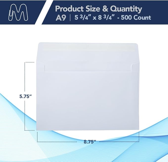 MOS A9 Invitation Envelopes – 5-3/4" x 8-3/4" White Mailing Envelopes Self Seal (500 Count) – 120GSM/ 32LB Bond Heavy Duty – For Greeting Cards, Card Making, RSVP Cards, Wedding Invites
