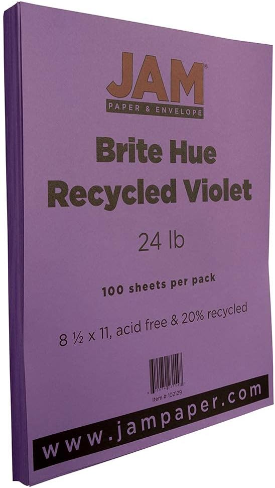 JAM PAPER Colored 24lb Paper - 90 gsm - 8.5 x 11 - Violet Recycled - 50 Sheets/Pack
