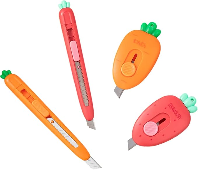 4pcs Mini Retractable Utility Knife Box Cutter Letter Opener, Cute Carrot and Strawberry Shaped Portable Knivies, For Cutting Paper Cardboard Thin Sheets Office School Stationery