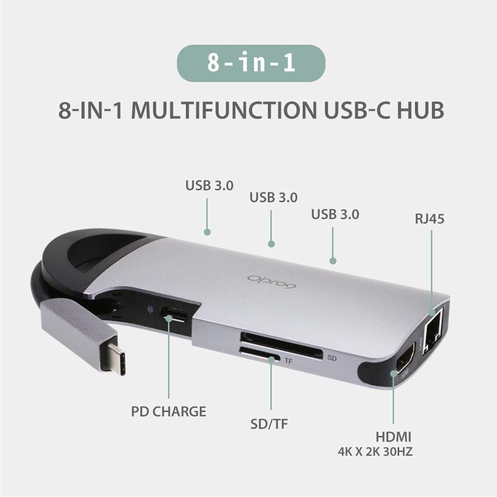 Opro9 8-in-1 USB-C Hub with 3 USB 3.0 Ports, Dual Monitor Laptop Docking Station, 4K HDMI, USB-C Power Delivery, SD/TF Card Reader & Ethernet, Portable for MacBook Pro and Other Type-C Laptops (Gray)