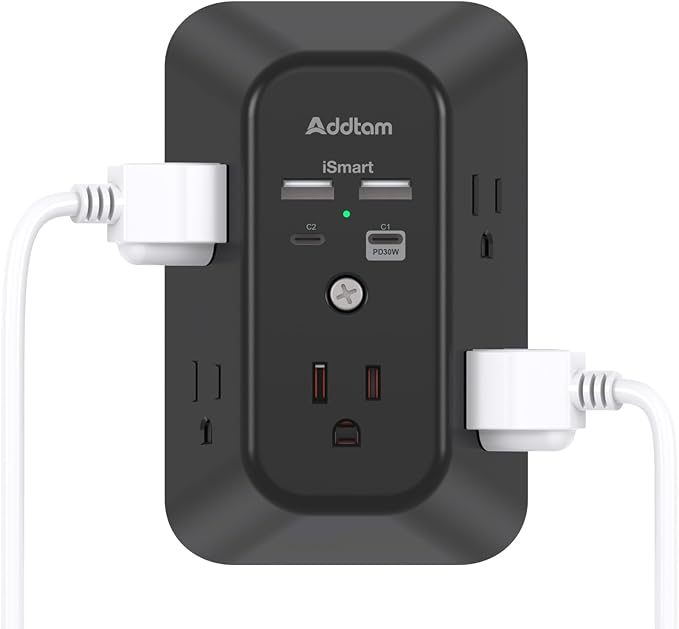 Outlet Extender Surge Protector - Addtam 5-Outlet Splitter with 4 USB Wall Charger(PD 30W), Multi Plug Wall Outlet Power Strip for Home, Black