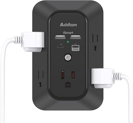 Outlet Extender Surge Protector - Addtam 5-Outlet Splitter with 4 USB Wall Charger(PD 30W), Multi Plug Wall Outlet Power Strip for Home, Black