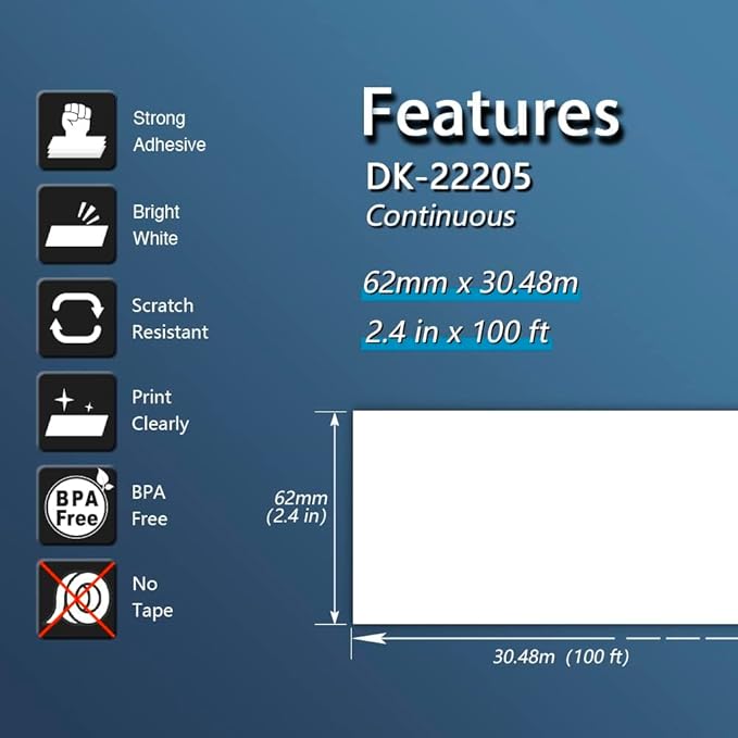 BETCKEY - Compatible Continuous Labels Replacement for Brother DK-2205 (2.4 in x 100 ft), Use with Brother QL Label Printers [10 Rolls + 2 Reusable Cartridges]
