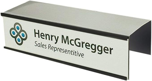 The Original Over the Cube - Quality Aluminum, Changeable Cubicle Nameplate Holder, Satin Silver Base, and Matte Black Name Plate Holder, (2.25" Cubicle Wall Depth) - Made in The USA