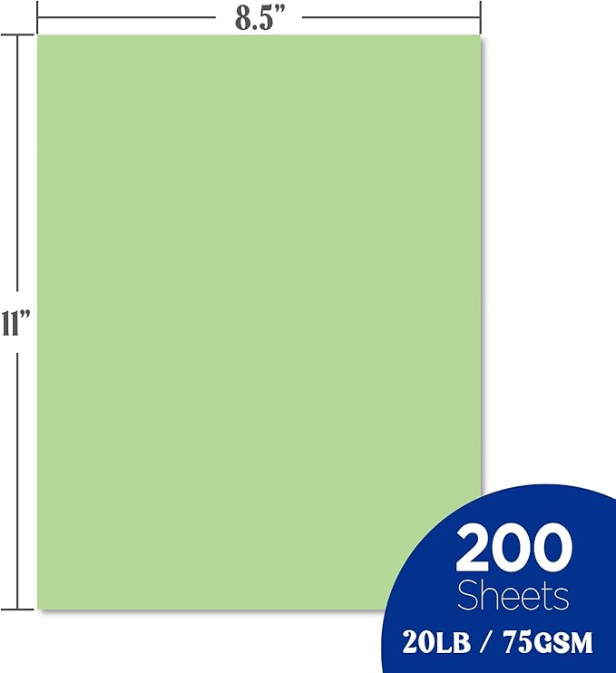 Veritas Colored Copy Paper, Green Colored Printer Paper 8.5” x 11”, 20 lb / 75 GSM, 200 Sheets (1 Reams) Computer Paper, Multi-Purpose paper, Made in USA