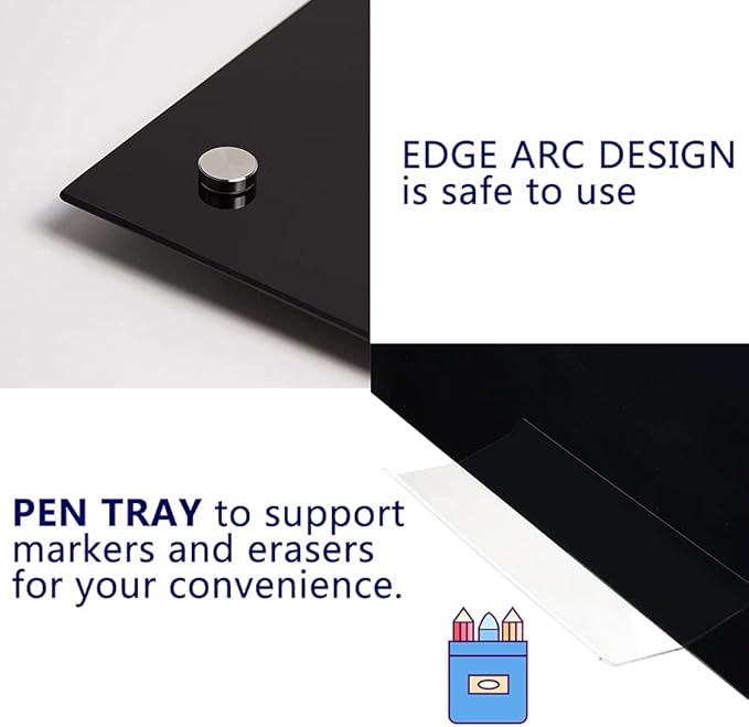 Black Glass Board Frameless Tempered Glass Dry Erase Board with Marker Tray for Interactive Office, Wall Mounted Frosted Glass Whiteboard (Black, 72" x 40")