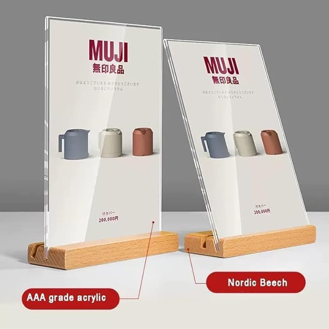 Acrylic Sign Holder A4/A5/A6 Menu Displays Double Sided, Wood Base Table Top Sign Stand (Horizontal A4 297×210mm/11.69×8.27 inches)