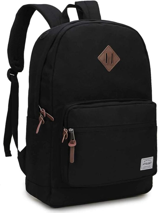 RAVUO School Backpack for Men Women, Water Resistant 15.6 inch Laptop Back Packs Bookbags College Daypack Black Bag with Side Pockets