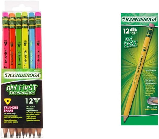 Ticonderoga My First Tri-Write Wood-Cased Pencils, Neon Colors, 12 Count (X13012) My First Pencils, Wood-Cased Soft, Pre-Sharpened, 12 Count (X33312)