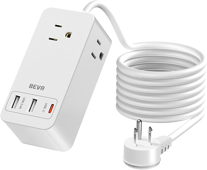 Small Flat Plug Power Strip, Extension Cord with 3 USB Wall Charger(1 USB C), 3 Outlets Mini Charging Station, 5 FT Flat Plug for Cruise Travel Office School Dorm Room Essentials