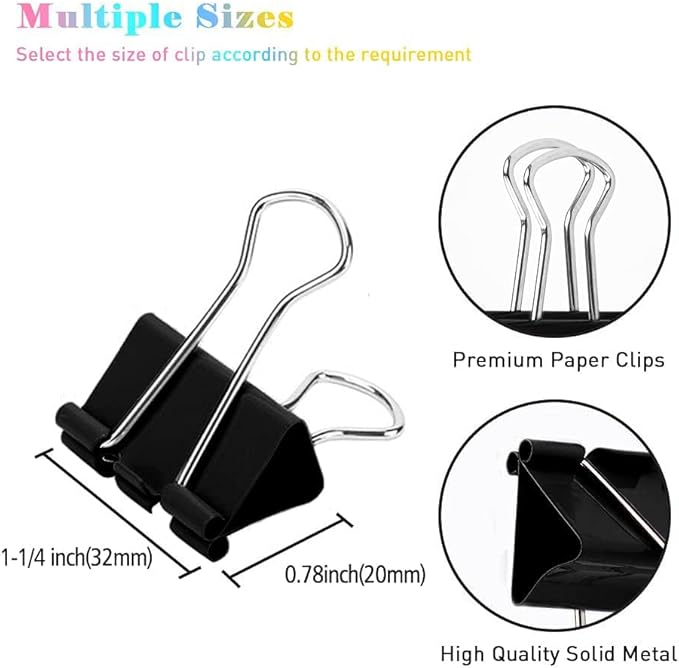 Medium Binder Clips, 144 Pack, 1-1/4 Inch, Standard 32mm, Black, Capacity 0.6 Inch, 1.25 Inch Medium Clips, Fold Clamp, Medium Size, Office Supplies
