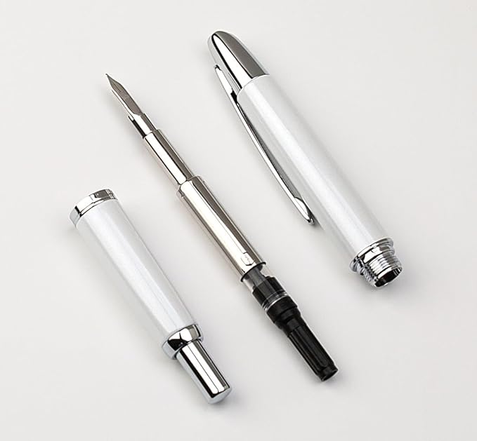 JINHAO 10 Press Fountain Pen, Retractable Metal Pen with Ink Converter (F Nib 0.5mm, Pearl White)