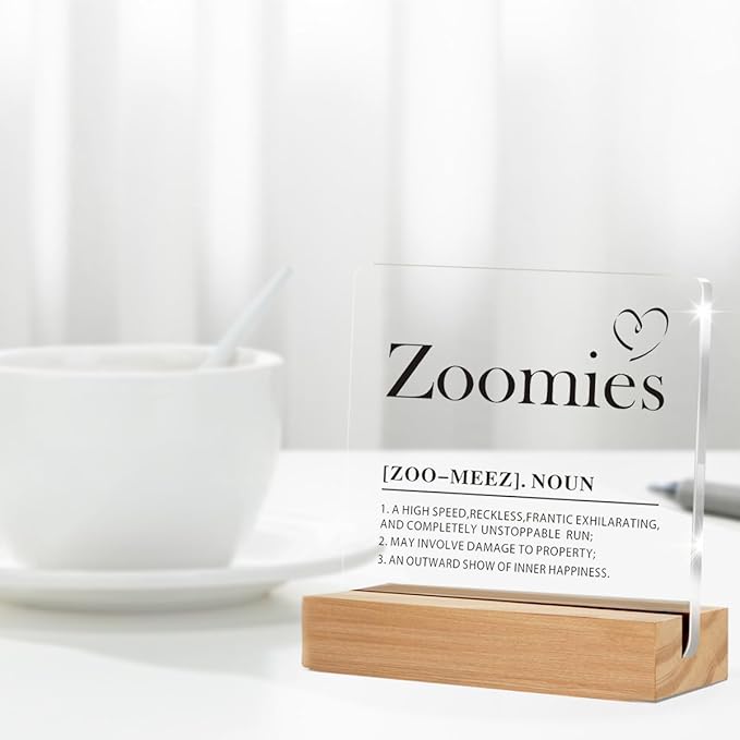 Dog Lover Gift, Dog Home Decor, Zoomies Definition Clear Desk Decorative Acrylic Sign With Wooden Stand for Office Desk Table Shelf (4 x 4 Inches)