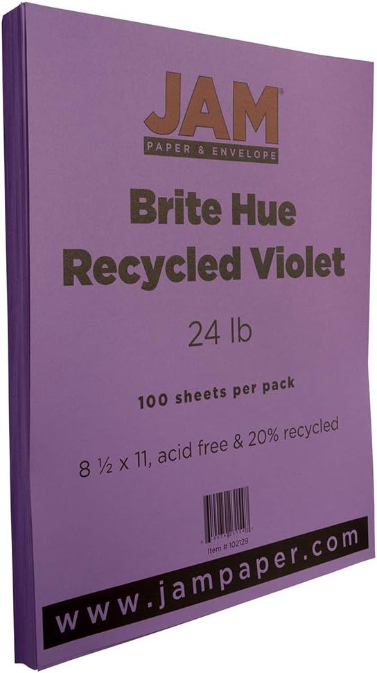 JAM PAPER Colored 24lb Paper - 90 gsm - 8.5 x 11 - Violet Recycled - 100 Sheets/pack
