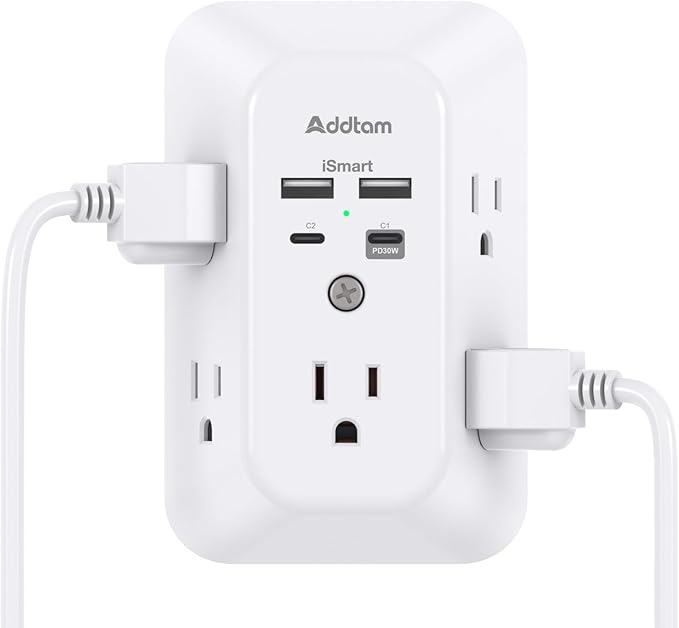 Outlet Extender Surge Protector - Addtam 5-Outlet Splitter with 4 USB Wall Charger(PD 30W), Multi Plug Wall Outlet Power Strip for Home, Dorm Room Essentials