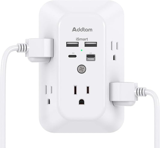 Outlet Extender Surge Protector - Addtam 5-Outlet Splitter with 4 USB Wall Charger(PD 30W), Multi Plug Wall Outlet Power Strip for Home, Dorm Room Essentials