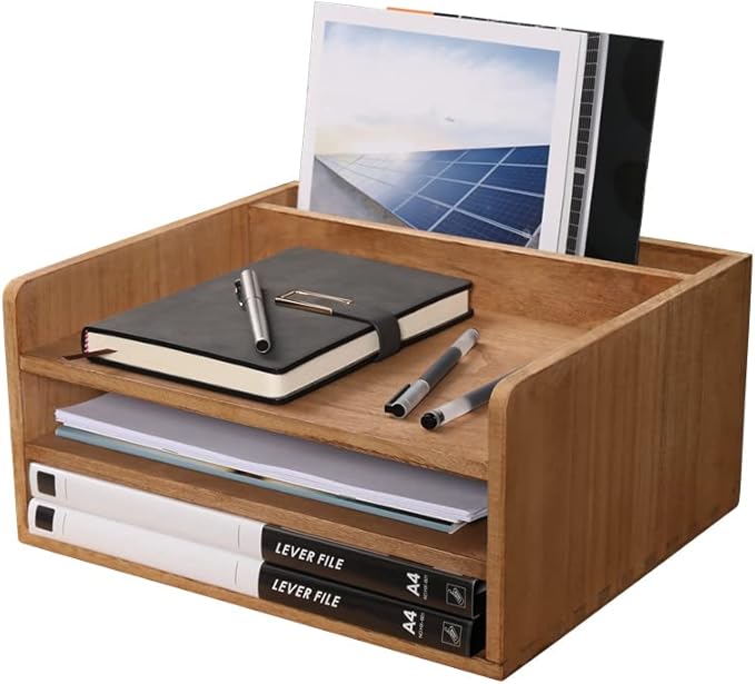 3 Tier Desktop Letter Tray for Office Desk Organizer and Accessories - Wood File Folder Holder for Paper Document Organizer Mail Sorter Workspace Counter Storage Book Shelf Light WJJ3K-LT