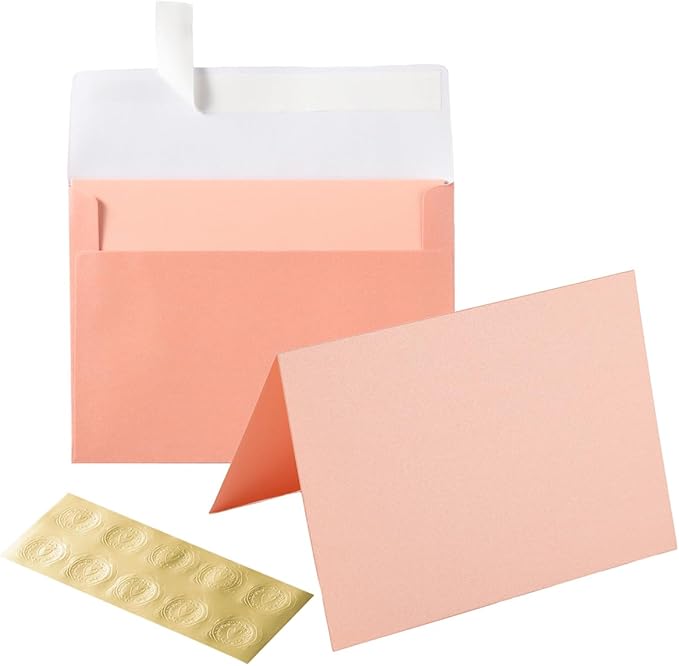Wishop 50 Pack Shiny Self-Adhesive Envelopes with Shiny Fold Cards for Wedding Invitations, Greeting Cards, Baby Shower, Letter Mailing (Pink, 5x7)