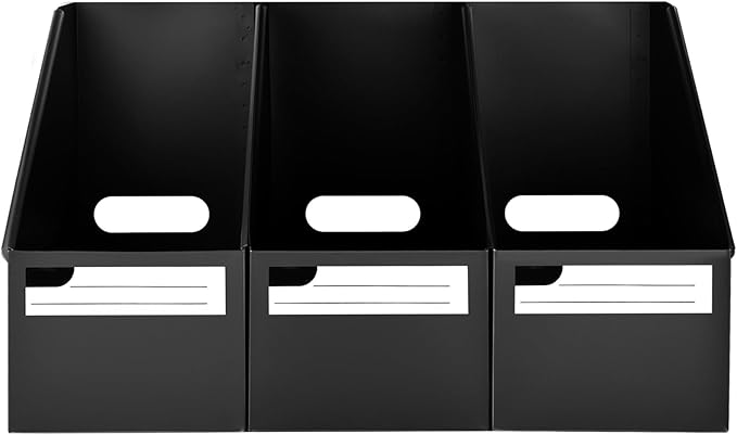 SAYEEC Black Plastic Magazine File Holder, 3 Pack Foldable Folder Holder with Labels, Vertical File Paper Organizer Magazine Storage Box Rack Book Bins for Desk, Shelves, Classroom, Office, Home