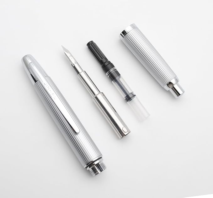 JINHAO 10 Press Fountain Pen, Retractable Metal Pen with Ink Converter (F Nib 0.5mm, Striated Silver)