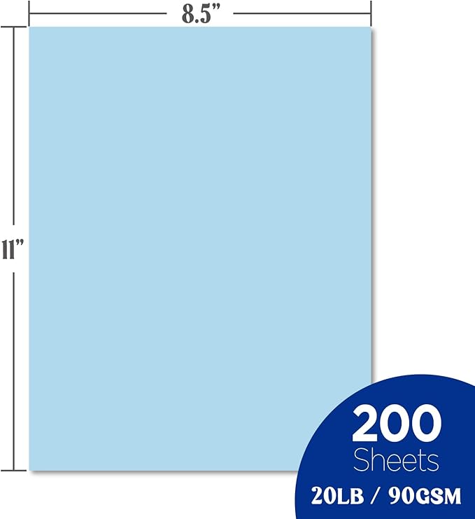 Veritas Color Copy Paper,Multi-Purpose paper,Colored Printer Paper 8.5” x 11”, 20 lb / 75 GSM,Blue,200 Sheets (1 Reams)，Made in USA