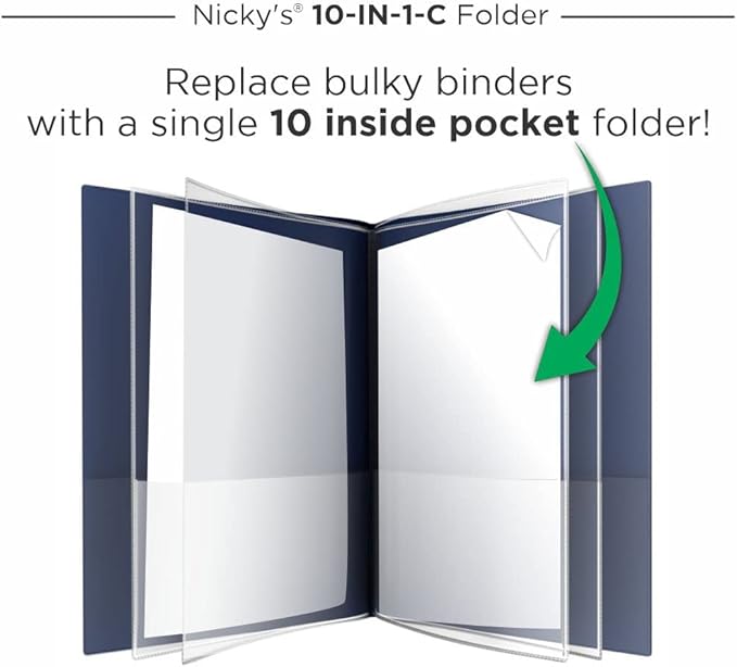 Nicky's® Multi Pocket Organizer, 10 or 14 Page Folder, Waterproof, Patented Tear-Resistant, Flexible Plastic, Proudly Made in USA, Binder Substitute. (10-in-1 Clear Inside/Navy Blue Outside)