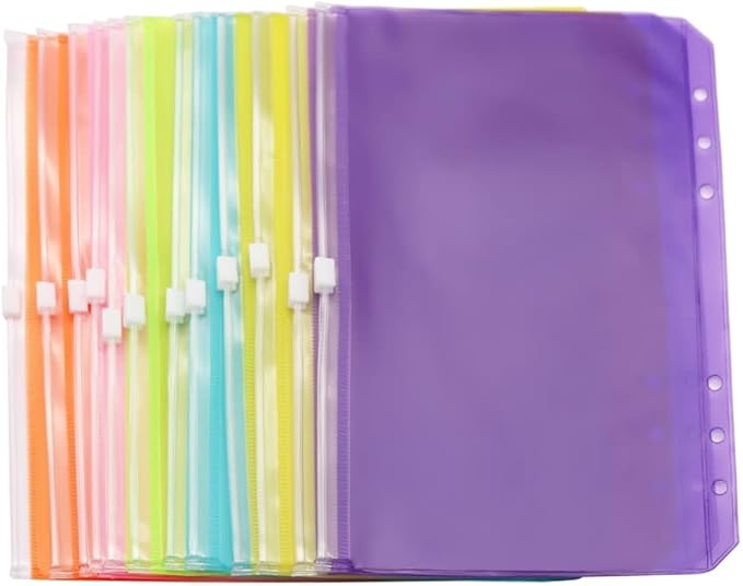 Colorful PVC Binder Pockets 12pcs A5 Binders Zipper Pouch Bag Loose Leaf 6 Holes PVC Zip Organizer Folder for Journal Budget Filing Pocket Bags