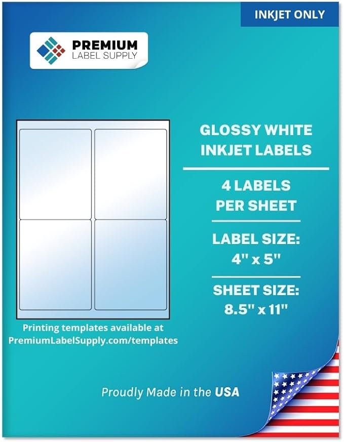 Premium Label Supply Glossy White Sticker Labels – 4" x 5" – (4 per Sheet) (Glossy White for Inkjet Only, 40 Labels)
