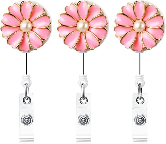 Retractable Badge Holder, ID Badge Reel with Pearl, 3 Pack (Pink)